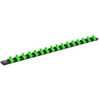 Black Sealey socket retaining rail with 16 green clips for 1/4" drive sockets.