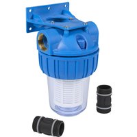 Blue Sealey 1 Litre inlet filter with clear chamber and mounting bracket for surface water pumps, includes black connectors.