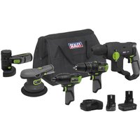 Sealey 10.8v cordless tool kit with drill, sander, saw, and accessories in black and green, includes carrying bag.