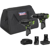Sealey cordless combi drill and impact driver kit with black and green accents, charger, batteries, and black carry bag.