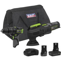 Sealey 10.8v cordless combi drill and multi tool kit with black and green accents, charger, batteries, and carry bag.