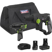 Black and green Sealey cordless SDS drill and impact driver with two batteries, charger, and branded carrying bag.