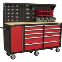 Black and red Sealey 10 drawer mobile workstation with pegboard, wooden top, and caster wheels.