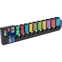 Sealey 10-piece colored hexagon socket set on black holder, each socket a different color, metric sizes.