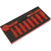Red Sealey 10 Piece 1/2" Drive VDE Insulated Socket Set in black module tray with ergonomic handles