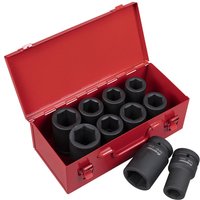 Red metal case with 10 black deep hexagon impact sockets, Sealey branding, metric and imperial sizes.