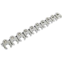 Sealey 10 Piece 3/8" Drive Crow Foot Spanner Set, silver, U-shaped heads, organized on a metal rail.