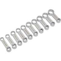 Sealey 10 piece torque adaptor spanner set, silver chrome finish, various sizes, open and closed ends, organized in a row.