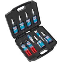 Sealey 10 Piece Adhesive and Sealant Kit in black case with blue-labeled tubes and red applicators.