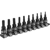 Black Sealey 10-piece Torx socket bit set on a metal rail, featuring various sizes with 3/8" drive.