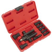 Red Sealey 10 Piece Bridge Bearing Puller Set in a red case with black tools and components neatly arranged inside.