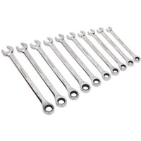 Sealey 10 Piece Extra Long Ratchet Combination Spanner Set, silver, varying sizes, open and ratchet ends.