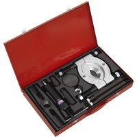 Red case with Sealey 10 Piece Hydraulic Bearing Separator, silver and black tools neatly arranged in foam slots.