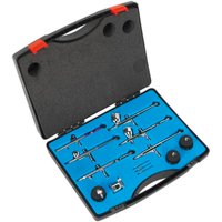 Sealey 10 Piece Mini Air Brush Kit in black case with blue foam insert, containing silver airbrushes and accessories.