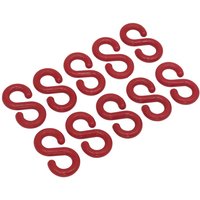 Red Sealey 10 Piece Plastic Chain S Hook Set, each hook shaped like an "S" with a smooth finish.