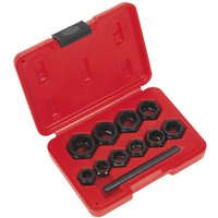 Red Sealey spanner type bolt extractor set with 10 black hexagonal pieces in a molded case.
