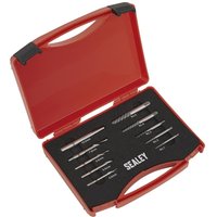 Red Sealey 10 Piece Step Drill Screw and Bolt Extractor Set in a molded case with labeled slots for each tool.