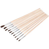 Sealey 10 Piece Touch Up Paint Brush Set with wooden handles and fine bristle tips arranged in a fan shape.