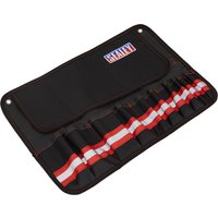 Black Sealey 10 Pocket Tool Roll with red and white trim, featuring multiple slots for tools and a flap cover.