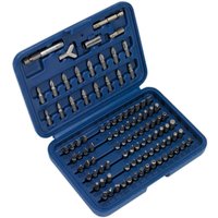 Blue Sealey 100 piece screwdriver bit set with various sizes and types of bits in a compact, organized case.