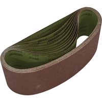 Brown Sealey sanding belt, 100mm x 610mm, looped design with green interior and printed specifications.