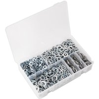Sealey 1010 piece spring washer assortment in a clear plastic organizer with multiple compartments.