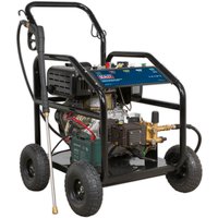 Sealey 10hp diesel pressure washer with black frame, four wheels, and brass fittings, 290 bar pressure capacity.