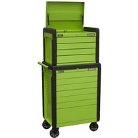 Green Sealey 11 drawer roller cabinet and chest combo with push-to-open feature, black trim, and swivel casters.