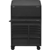 Black Sealey 11 drawer roller cabinet with power strip hutch top box, featuring wheels and sleek metal finish.