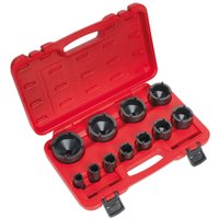 Red Sealey 11 piece ball joint socket set with black sockets in a molded case.