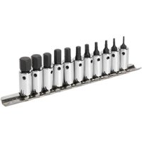 Sealey 11 piece hexagon socket bit set with silver sockets on a metal rail, featuring black hex bits.
