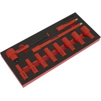 Red Sealey 11 piece 3/8" drive VDE insulated socket set in black module tray with various socket sizes and extensions.