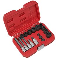 Red Sealey 11 piece brake caliper socket set in a red plastic case with various socket sizes and extensions.