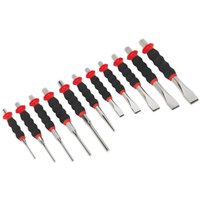 Sealey 11 Piece Punch and Chisel Set with black soft grips and red accents, featuring various sizes and shapes.