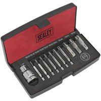 Sealey 11 Piece Torx Screw Extractor Set in black and red case with various silver extractor bits.