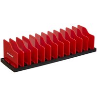 Red and black Sealey 12 Bay Plier Rack with twelve angled slots on a rectangular base.