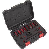 Sealey 12 Piece 3/4" Drive Impact Hex/Torx Socket Bit Set in black case with red latches and organized interior slots.
