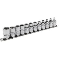 "Silver Sealey 12-piece 3/8-inch drive Torx socket set on a metal rail, featuring various sizes of hexagonal sockets"