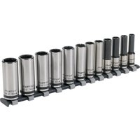 "Sealey 12 Piece Black Series 3/8" Drive Deep Lock On Hexagon Socket Set with silver sockets on black rail"