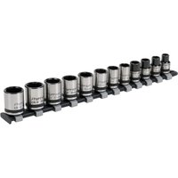 Sealey 12 Piece Black Series socket set with silver hexagon sockets on a black rail.
