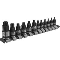 "Sealey 12 Piece Black Series Stubby Torx Socket Bit Set with black sockets on a gray rail, compact and durable design"