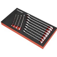 Sealey 12-piece metric spanner set, silver drop-forged wrenches in black and red foam organizer tray.
