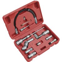 Red case with Sealey 12 Piece Grease Gun Adaptor Kit, featuring silver metal adaptors and a black flexible hose.