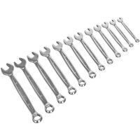 Sealey 12 piece silver lock-on combination spanner set, metric sizes, featuring open and ring ends, neatly arranged.
