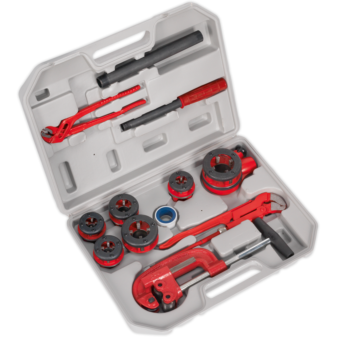 Red and grey Sealey PTK993 Pipe Threading Kit in a hard case, featuring various threading dies, a pipe cutter, and a handle for threading pipes from 1/4" to 1-1/4" BSPT.