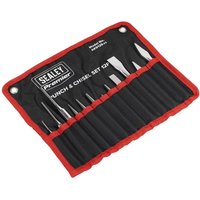 Sealey 12 Piece Punch and Chisel Set in black and red fabric pouch with labeled slots for each tool.