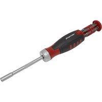 Sealey 12 Piece Ratchet Bit Holder Screwdriver Set, black and red handle, silver shaft, integrated bit storage.