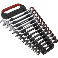 Sealey 12 piece ratchet combination spanner set with polished chrome finish and red-handled black storage rack.