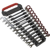 Sealey 12 piece spanner set with silver reversible ratchet wrenches and red accents, in a black carrying holder.