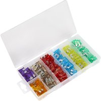 Clear plastic case with 120 colorful automotive fuses, organized in compartments by color and size.
